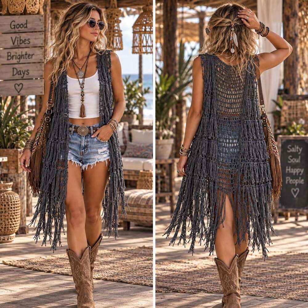 Umgee USA Boho Crochet Fringe Long Vest Charcoal Gray 2XL